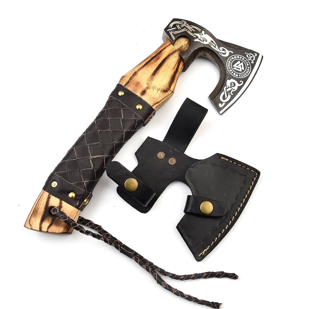 Etched Viking Bearded Axe Wholesale w/ Leather Wrapped Handle | Black w/ Black Sheath | A