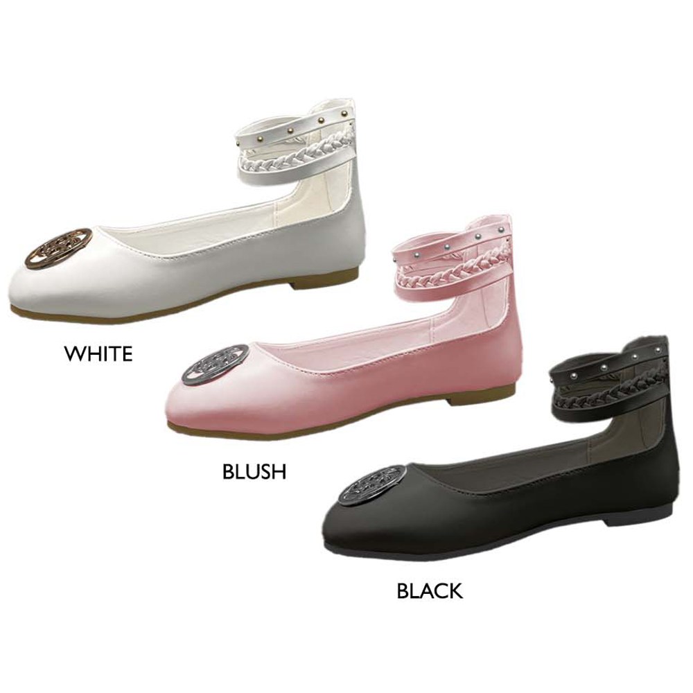Girl's Patent Leather Flats w/ Braided Detail Ankle Strap & Bebe Medallion