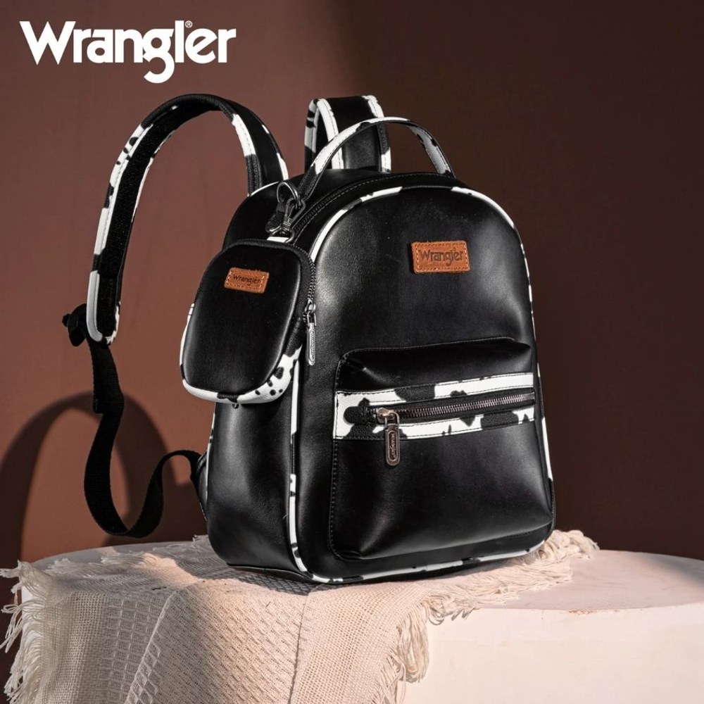 Cow Print Trimmed Wrangler Backpack With Coin Pouch - Black