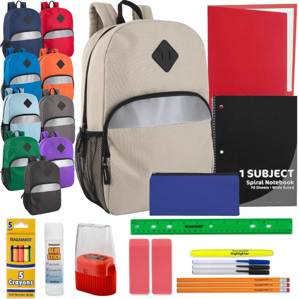 24 Wholesale 17" Safety Reflective Backpack With 20-Piece School Supplies Kit - 8 Colors