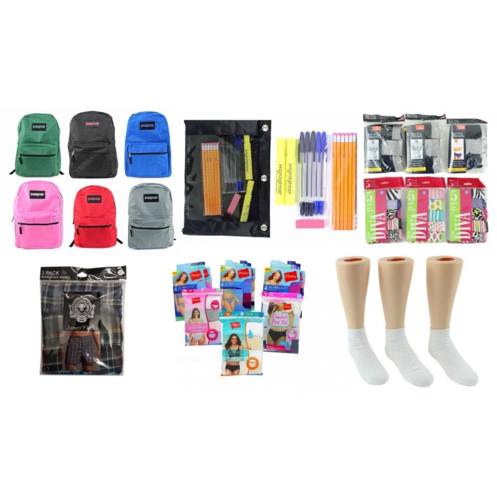 288 Wholesale Middle School BacK-TO-School Bundle - 288 Items - 17" Classic Backpacks, Supply Kits, Underwear, & Athletic Ankle Socks!
