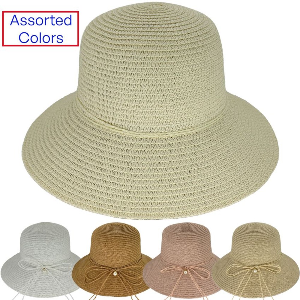 24 Wholesale Women's Sun Bucket Hats For Outdoor And Beach - Pearl With Straw Band