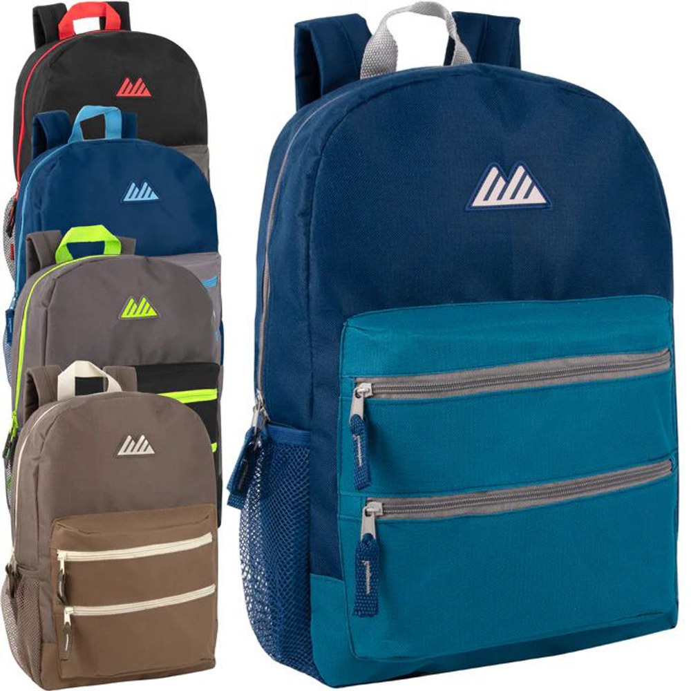 24 Wholesale 17-Inch Double Front Zippered Pocket Backpack