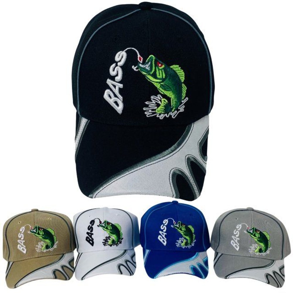 12 Wholesale Bass Fishing Embroidered Baseball Caps - Assorted