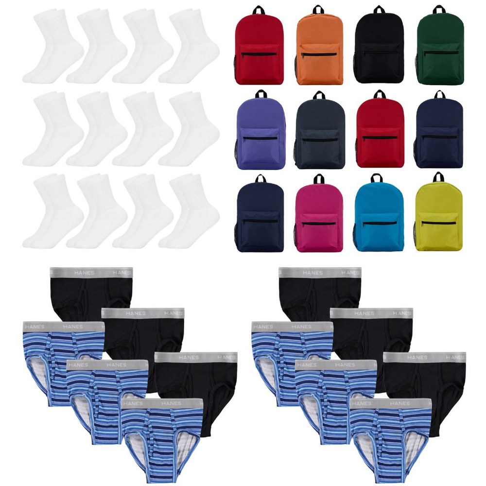 36 Wholesale Boys Clothing Kit 12 Pairs White Crew Socks & 12 Pairs Boys Large Underwear & 12 Backpacks